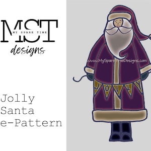 May include: A digital illustration of a jolly Santa Claus wearing a purple robe with gold trim and a banner that reads "Jolly".