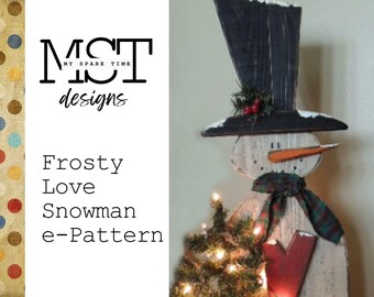 Primitive Rustic Farmhouse Folk Art Frosty's Love Snowman with Lighted Tree Porch Sitter e-Pattern
