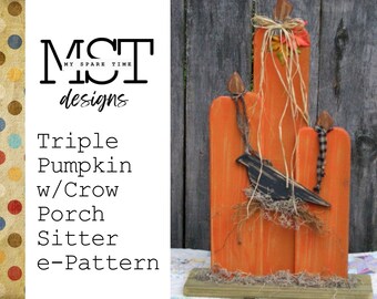 Primitive Wooden Triple Pumpkin w/Crow e-Pattern
