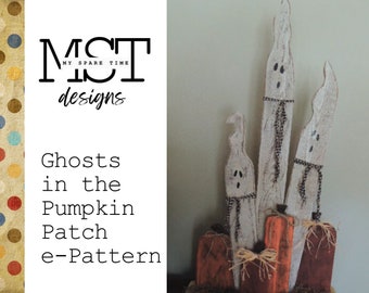 Primitive Rustic Halloween Wooden Ghosts in the  Pumpkin Patch e-Pattern