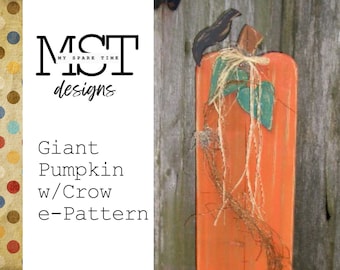 Giant Primitive Rustic Wooden Pumpkin with Crow e-Pattern