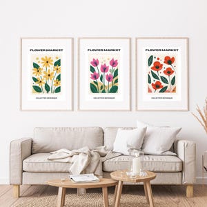 Set of 3 Flower Market Prints, Exhibition Posters, Botanical Prints, Flower Print Set, Gallery Wall Art, Floral Boho Wall Art Poster Prints