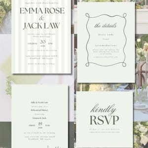 May include: A set of wedding invitation cards in pale green and white. The cards display text including "Emma Rose & Jack Law" and "RSVP". The design incorporates decorative borders and a striped pattern.