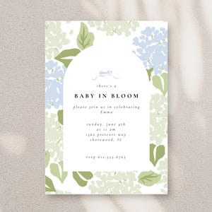 Baby in Bloom Shower Invitation, Floral, Hydrangea, Editable Canva Template, Coastal, Classic, Blue, Customizable