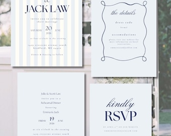 Garden Party, Elegant, Striped Blue Wedding Invitation Bundle, Editable Canva Template, Coastal, Classic