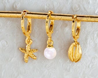 Gold Plated Ocean Hoop Earring Set: Starfish, Pearl & Shell Charms