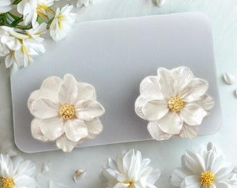 White Camellia Stud Earrings: 925 Silver Post, French Retro Floral