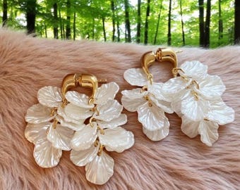 White Petal Drop Earrings | Gold Top Floral Dangle | Statement Wedding & Summer Jewelry