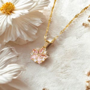 Pink Crystal Flower Necklace: Gold Plated Stainless Steel, Tarnish Resistant