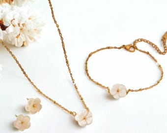 Mother Pearl Leaf of Flower Dainty Bridal Bracelet Necklace Earrings Wedding Jewelry Set