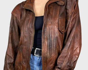 Brown Oversized Bomber Jacket Military Vintage Style Women’s Jacket Handmade Distressed Wax Real Sheepskin Leather Biker Coat