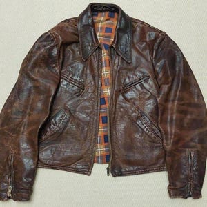 1930s German Vintage Style Military Jacket Handmade Distressed Brown Real Cowhide Leather with Contrast Check A2 Jacket Mens Streetwear Coat
