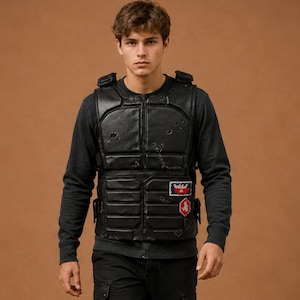 Kamizelka taktyczna ze skóry samurajskiej dla mężczyzn, styl pancerza z prawdziwej skóry owczej, ręcznie drukowana, kurtka w stylu cyberpunk streetwear