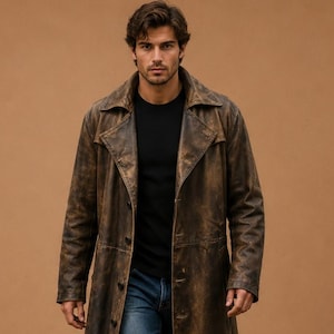 Battle Distressed Brown Leather Duster Coat Men Handmade Real Sheepskin Long Trench Coat Vintage Western Overcoat, Halloween Costume Jackets