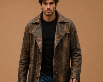 Battle Distressed Brown Leather Duster Coat Men Handmade Real Sheepskin Long Trench Coat Vintage Western Overcoat, Halloween Costume Jackets
