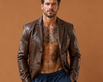 Brown Leather Blazer Overcoat | Real Sheepskin Leather Sport Coat | Classic Button Front Leather Jacket | Smart Casual Business Outerwear