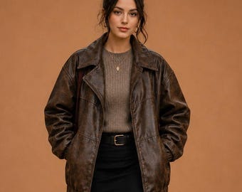 Women’s Distressed Brown Leather Jacket Handmade Vintage Style Real Sheepskin Bomber Jacket Retro Oversized Streetwear Coat