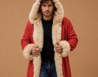 Christmas Chronicle Santa Coat Faux Leather, Real Sheepskin Leather, Handmade Fur Trim Hooded Christmas Jacket Long Winter Holiday Outerwear
