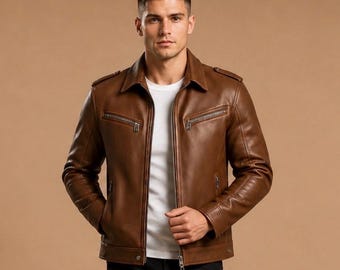 Brown Cafe Racer Real Sheepskin Leather Motorcycle Jacket, Vintage Style Moto Biker Jacket, Handmade Casual Zip Up Coat Gift for Men