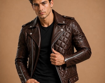 Men's Distressed Dark Brown Genuine Sheepskin Leather Biker Jacket, Quilted Motorcycle Jacket, Handmade Real Leather Coat, Gift for Him