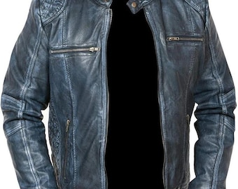 Retro Cafe Racer Blue Biker Jacket Men’s Handmade Distressed Real Cowhide Leather Streetwear Motorcycle Vintage Style Winter Moto Rider Coat