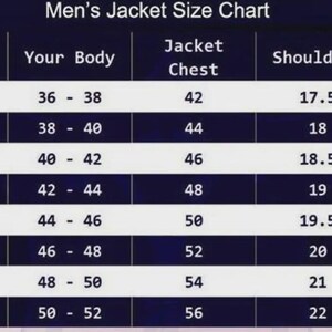 May include: A size chart for men's jackets, with measurements in inches. The chart includes sizes from XSmall to XXXXLarge, detailing body measurements, chest, shoulder width, and sleeve length.