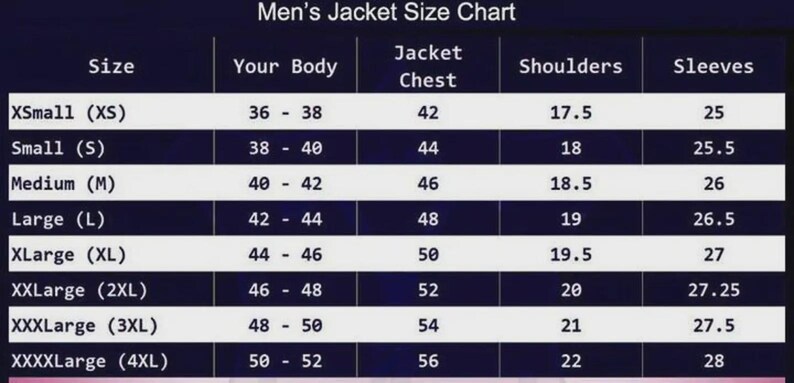 May include: A size chart for men's jackets, with measurements in inches. The chart includes sizes from XSmall to XXXXLarge, detailing body measurements, chest, shoulder width, and sleeve length.