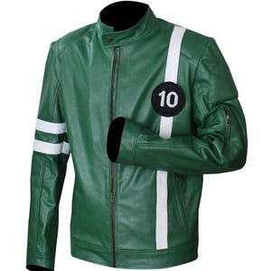 May include: Green leather jacket with white stripes on the sleeves and chest. Features a black circle with the number 10. The jacket has a stand-up collar and a zipper closure.