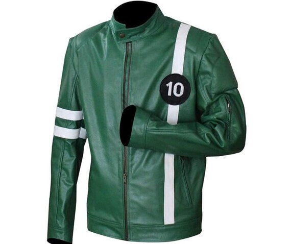 Ben 10 Jacket Halloween Costume Leather Jacket Green with White Contrast Handmade Embroidery Patch Artificial Leather Comic Cosplay Men Coat