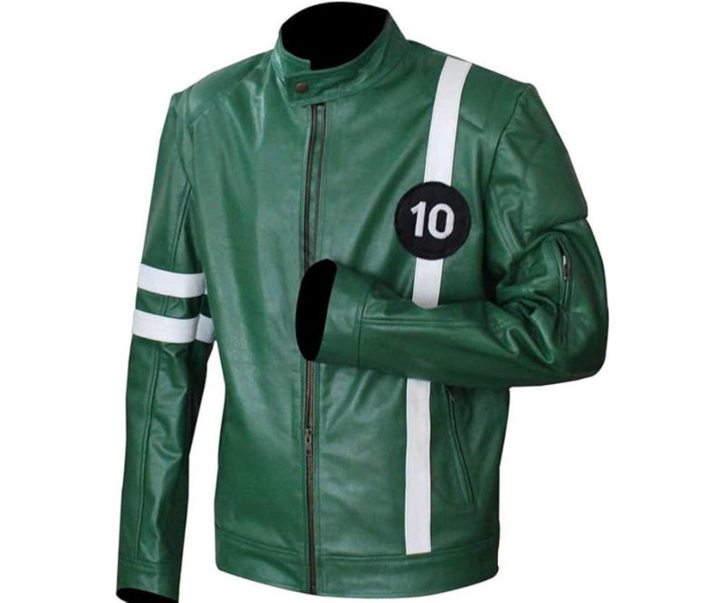 May include: Green leather jacket with white stripes on the sleeves and chest. Features a black circle with the number 10. The jacket has a stand-up collar and a zipper closure.