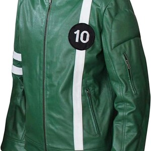 May include: Green leather jacket with a white stripe down the side and a black circle with the number 10. The jacket has a zipper closure and a stand-up collar. There are two white stripes on the left sleeve.