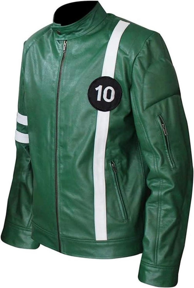 May include: Green leather jacket with a white stripe down the side and a black circle with the number 10. The jacket has a zipper closure and a stand-up collar. There are two white stripes on the left sleeve.