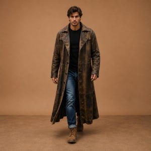 Battle Distressed Brown Leather Duster Coat Men Handmade Real Sheepskin Long Trench Coat Vintage Western Overcoat, Halloween Costume Jackets
