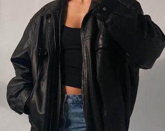 Oversized Vintage Style A2 Biker Military Women Black Jacket Handmade Cut Soft Real Sheepskin Leather Motorcycle Boxy Streetwear Jacket Coat