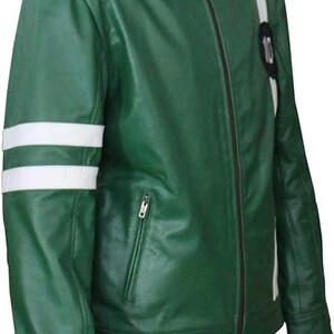May include: Green leather jacket with white stripes on the sleeves and a white stripe down the right side. Features a stand-up collar, a front zipper, and a small pocket on the chest. The number "10" is on the right sleeve.