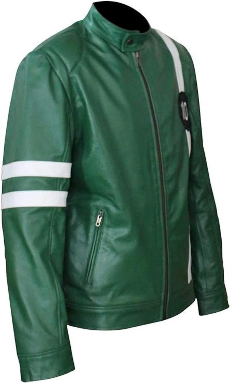 May include: Green leather jacket with white stripes on the sleeves and a white stripe down the right side. Features a stand-up collar, a front zipper, and a small pocket on the chest. The number "10" is on the right sleeve.