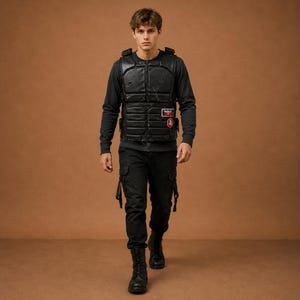 May include: A black long-sleeved shirt worn under a black tactical vest with horizontal padding and two small rectangular patches on the chest. The outfit includes black cargo pants with side pockets and black lace-up boots, creating a uniform look.