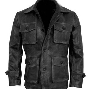 Retro Four Pocket Leather Coat Men’s Handmade Faded Distressed Black Vintage Style Genuine Cowhide Leather Streetwear Biker Leather Coat