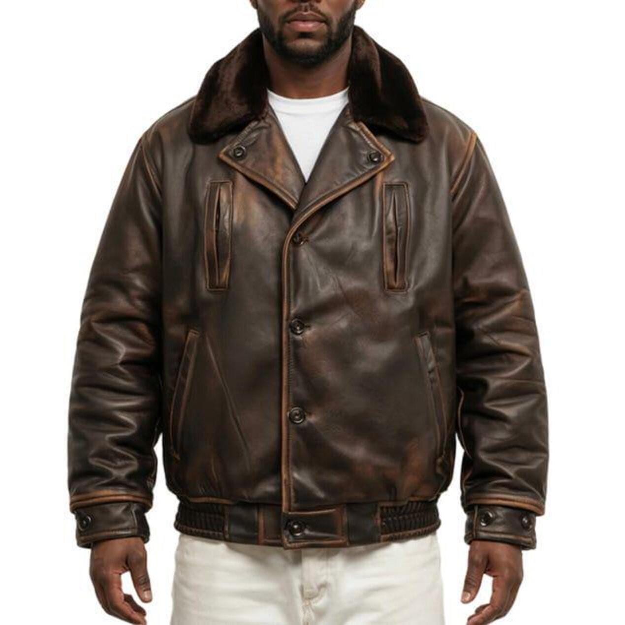 90's Bomber Vintage Style Leather Jacket Men Genuine Cowhide
