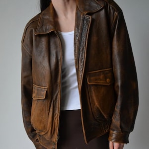 1990s Bomber Oversized Women’s Military Vintage Style Handmade Distressed Brown Leather Jacket Real Sheepskin Leather Streetwear Winter Coat
