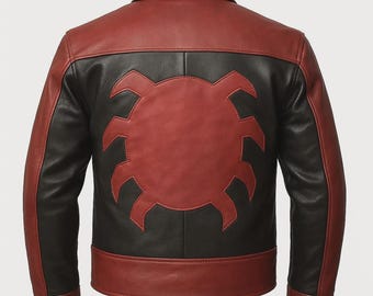 Spider Style Costume Halloween Jacket Dark Red With Black Faux & Sheepskin Leather Biker Cosplay Men  Handmade Cut Celebrity Jacket / Coat