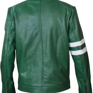 May include: A green leather jacket with a stand-up collar and a zipper closure on the sleeves. The jacket features two white stripes on the left sleeve. The back of the jacket is visible.