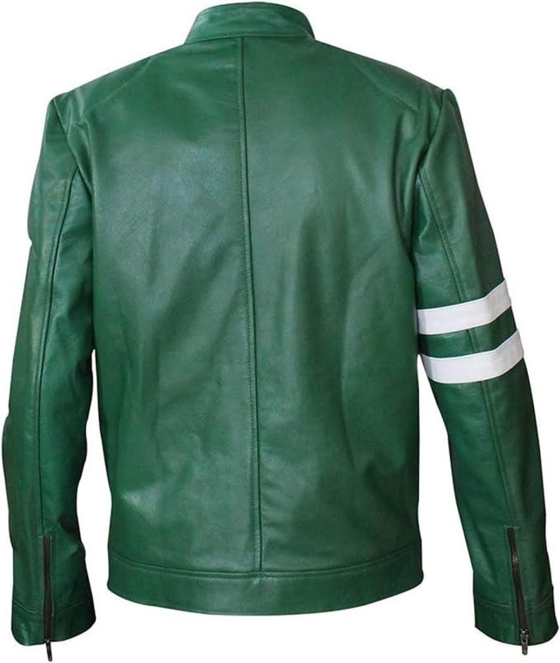 May include: A green leather jacket with a stand-up collar and a zipper closure on the sleeves. The jacket features two white stripes on the left sleeve. The back of the jacket is visible.