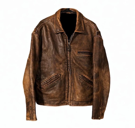 80s Retro Distressed Biker Military Vintage Style Jacket Handmade Rub-off Brown Real Cowhide Leather Airforce Pilot Jacket Streetwear Coat