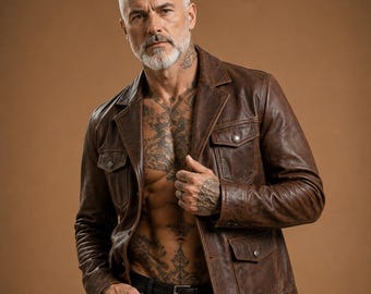 Vintage Brown Real Sheepskin Leather Blazer for Men, Handmade Leather Sport Coat, Distressed Leather Jacket,  Casual Overcoat Gift for Him