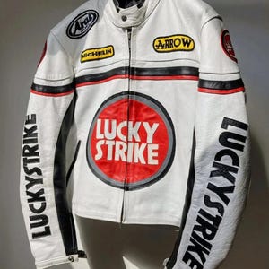 Lucky Strike Leather Jacket, Racing Motorcycle White & Red Biker
