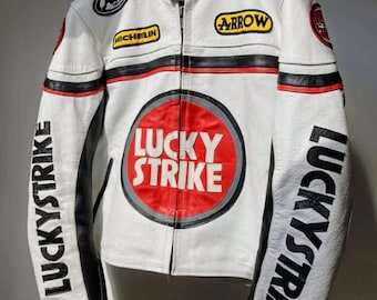 Lucky Strike Leather Jacket, Racing Motorcycle White & Red Biker Jacket, Real Cowhide Jacket, Unisex Streetwear, Handmade Moto Rider Coat