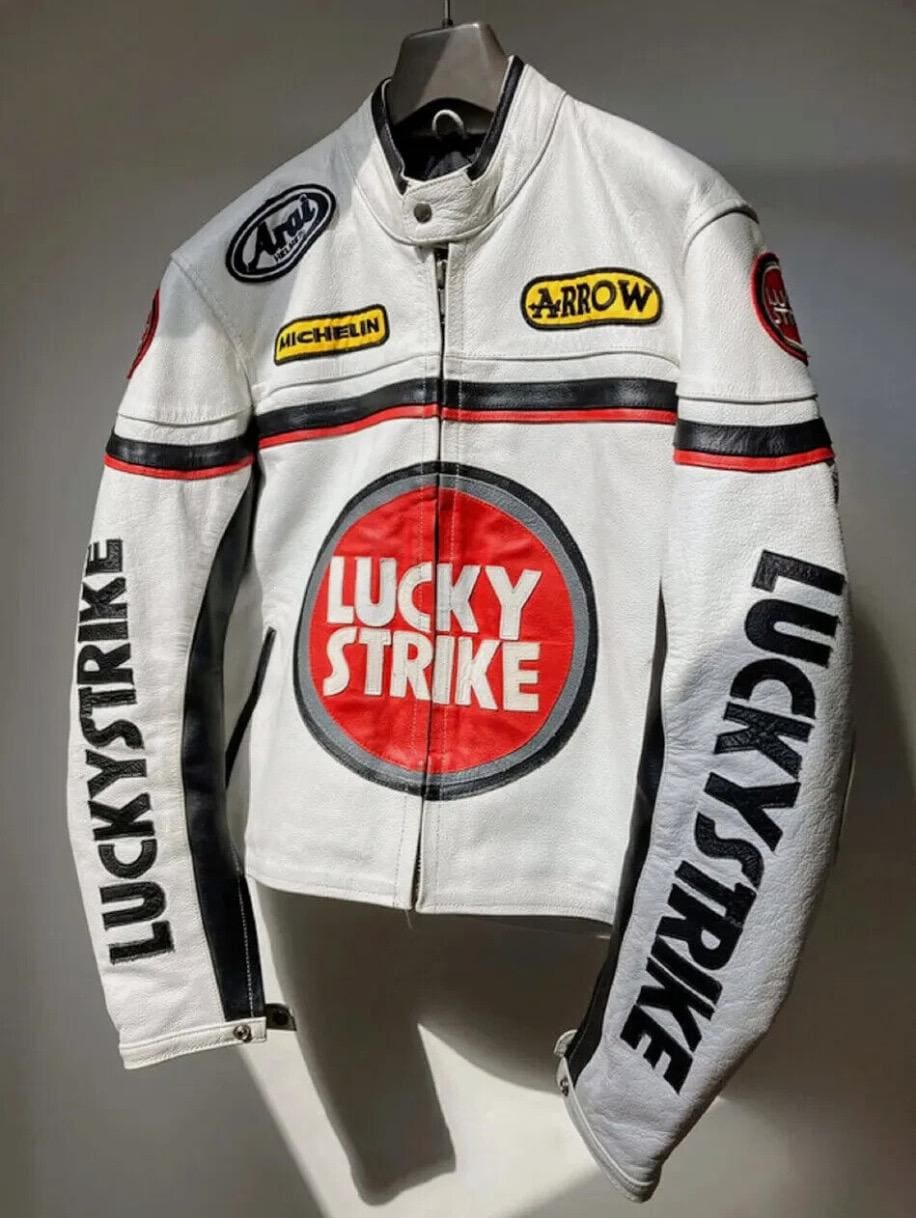 Lucky Strike Leather Jacket, Racing Motorcycle White & Red Biker