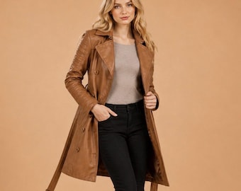 Tan Real Sheepskin Leather Trench Coat, Handmade Double Breasted Belted Leather Coat, Classic Long Leather Jacket, Winter Coat Women’s Gift