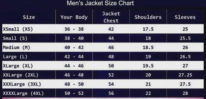 Puede incluir: Tabla de tallas de chaquetas para hombre, con tallas desde XSmall hasta XXXXLarge. La tabla incluye medidas de pecho, hombros y mangas en pulgadas, junto con las tallas corporales correspondientes.